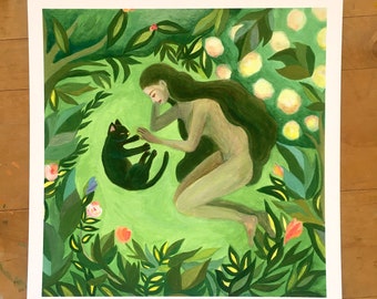 Print titled &#39;Time to Relax&#39; - woman and cat in nature painting, woman with black cat, flower goddess art