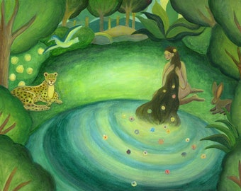 Print titled &#39;Secret Ritual&#39; - woman in nature painting, woman with animals, goddess art