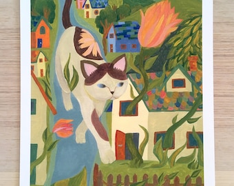 Cat Roaming Neighborhood - Whimsical Cat Wall Art, Cottagecore Cat Decor
