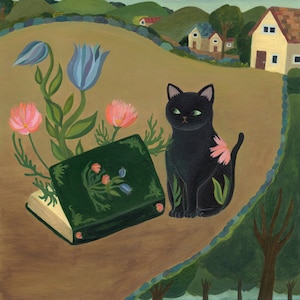 Giclee art print titled 'Black Cat with Book of Flowers' - cat art, cat wall art , black cat painting , cat with flower