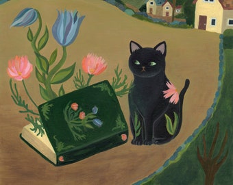 Black Cat with Book of Flowers - Black Cat Wall Art, Cottagecore Decor