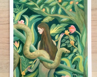Print titled &#39;Woman with Snake in Nature&#39; - woman in nature painting, woman with snake, goddess art