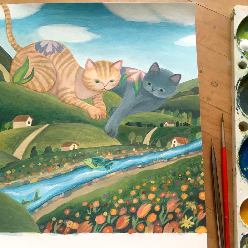 Cat's Paradise - Whimsical Cat Wall Art, Cottagecore Cat Decor image 7