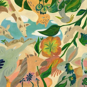 May include: A colorful painting featuring a variety of animals including a giraffe, elephant, horse, and bird integrated with large flowers and green foliage. The composition uses a palette of soft beige, green, orange, and blue tones.