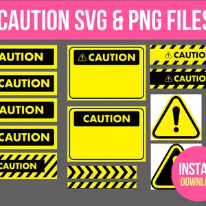 May include: A set of 10 yellow and black caution signs with the word "CAUTION" in black text. The signs are in various shapes and sizes, including rectangular, triangular, and striped. The signs are perfect for use in a variety of settings, such as construction sites, factories, and schools.