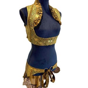 ROYAL SET YellowGreenFlower Underbust choli vest and ruffle bustle skirt, costume, steam punk, tribal fusion belly dance, fire dance