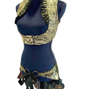ROYAL SET GOLDENOLIVE2 Gilet choli sous la poitrine et jupe à volants, costume, steam punk, danse du ventre tribal fusion, danse du feu