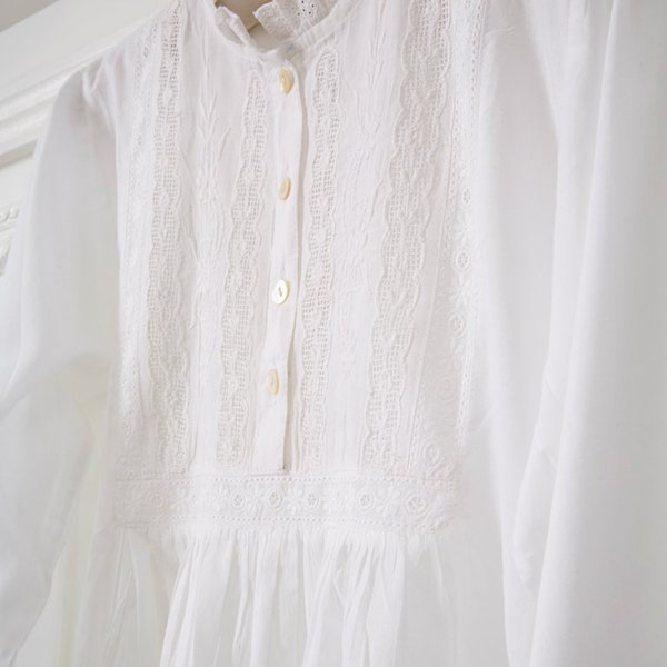 Cotton Nightdress: Long Sleeve Broderie Anglaise Vintage Nightgown