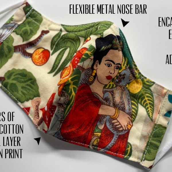 Face Mask/Covering - 100% Cotton Washable Frida Kahlo “Animales”