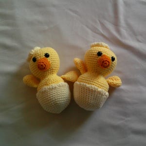 Può includere: Due pulcini gialli all'uncinetto fatti a mano con becchi arancioni e occhi neri. Ogni pulcino esce da un guscio d'uovo bianco all'uncinetto. I pulcini hanno piccole ali e un copricapo bianco all'uncinetto. Lo sfondo è un tessuto bianco.