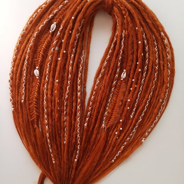 DE dreads crochet (double ended dreadlocks) ginger fake hair extensions soft synthetic kanekalon scandinavian braids, beads