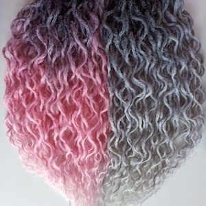 DE curly crochet dreads \ double ended dreadlocks split color ombre black pink + black gray  - wave fake hair extensions soft kanekalon