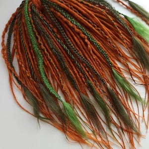 Boho DE crochet dreadlocks loose ends\ double ended texture braids, mix outumn copper, ginger, green, swamp color fake hair extensions