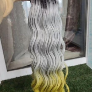 DE curly dreads crochet (double ended dreadlocks) ombre black, grey, yellow. Barbie\surf\ Anna wave curly, soft kanekalon