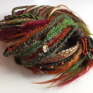 Boho DE crochet dreadlocks and double ended texture braids  loose ends, mix outumn copper, ginger, green, swamp color fake hair extensions