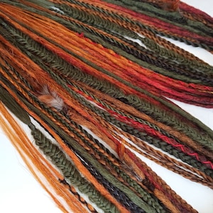 Boho DE  crochet dreadlocks loose ends\ double ended texture braids, mix outumn copper, ginger, red, green, swamp fake hair extensions