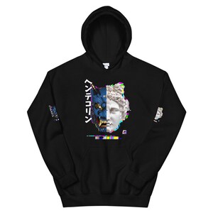 Weird Japanese Word in Hiragana Katakana Kanji Samurai Mask Glitch Roman Sculpture Vaporwave Cyberpunk Otaku Unisex Hoodie