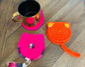 Kitty Cat Crochet Coasters / Cat Face Crochet Coasters / Cat Butt Crochet Coasters / Set of Four /