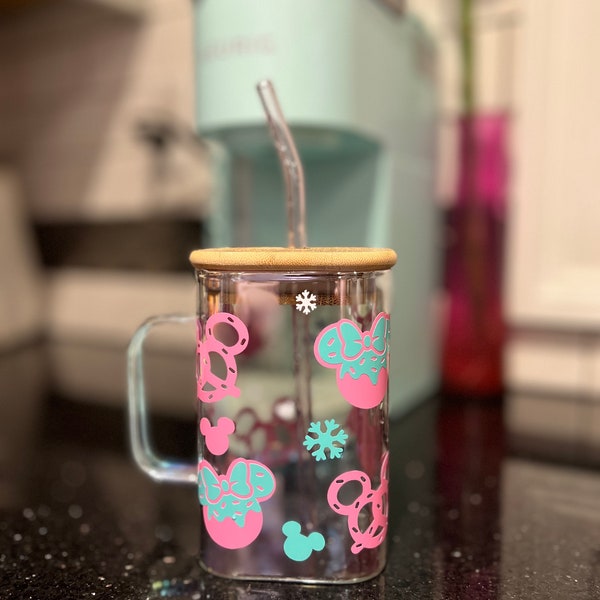 Square Coffee Glass | Iced Coffee Glass | 20 Oz Glass | Cookie Mouse Coffee Glass | Pink and Blue Glass | Christmas Coffee Glass