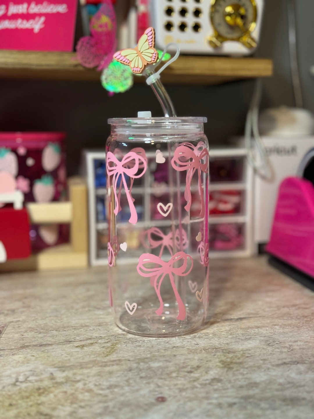 Pink Bows Glass Cup: Retro Iced Coffee Glass With Acrylic Lid - Etsy