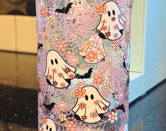Spooky Ghost Glass Can: Retro Flower Halloween Tumbler with Lid