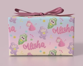 Gepersonaliseerde inpakpapier mochimonster: kawaii verjaardagscadeaupapier