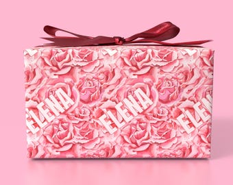 Scarlet Roses Personalized Gift Wrap, Custom Name Red Floral Wrapping Paper Her