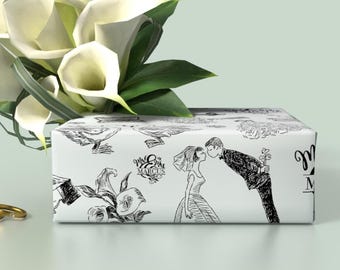 Personalized Mr & Mrs Wedding Wrapping Paper | Elegant Hand-Drawn Just Married Design