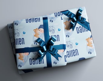 Personalized Baby Shower Gift Wrap with Name, Custom Blue Wrapping Paper for Newborn Boys