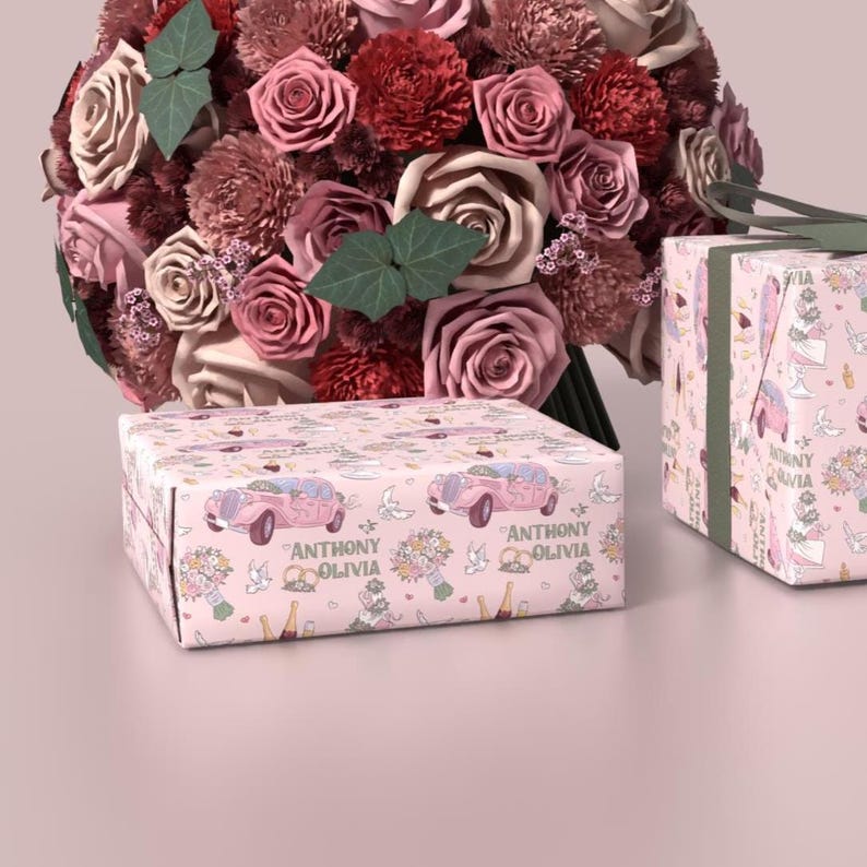 Personalized Wedding Celebration Gift Wrap - Customizable with Name and Elegant Design, Pink Rolls Roys, White Wedding Cake, Bridal Shower