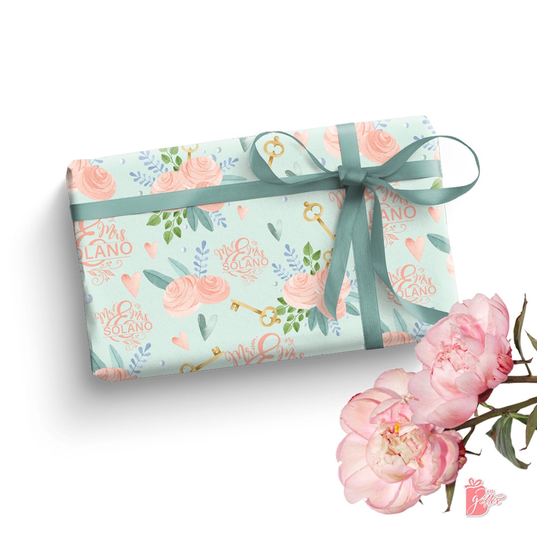 Love Summer Wedding Custom Gift Wrapping Paper, Watercolor Roses, Key to the Heart Name on Gift