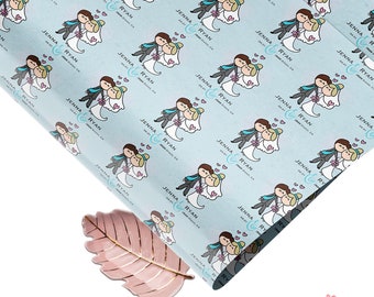 customized gift paper Couple Cartoon Blue Wedding Wrapping Paper Roll, Custom Gift Wrap, Personalized Name Bride Groom Gift Wrapping Paper Roll, Wedding Bells