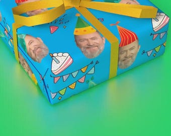 Personalized Photo Birthday Gift Wrap, Custom Face Party Hat Wrapping Paper in Bright Colors