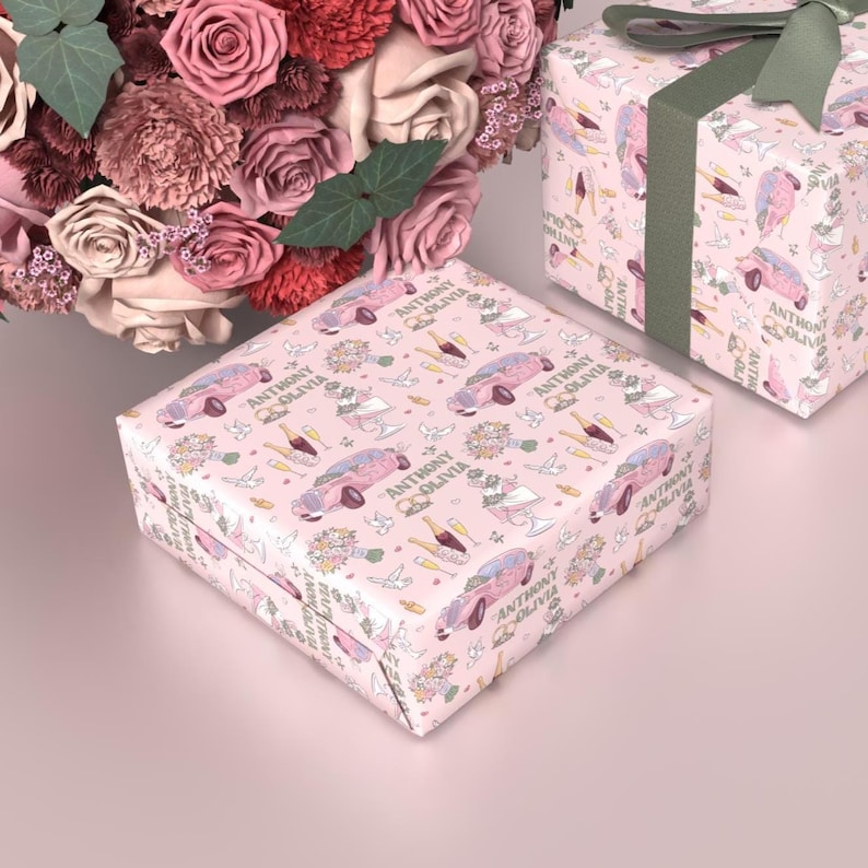 Personalized Wedding Celebration Gift Wrap - Customizable with Name and Elegant Design, Pink Rolls Roys, White Wedding Cake, Bridal Shower
