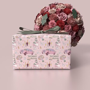 Personalized Wedding Celebration Gift Wrap - Customizable with Name and Elegant Design, Pink Rolls Roys, White Wedding Cake, Bridal Shower