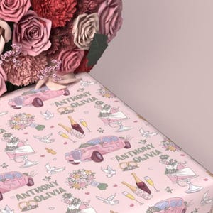 Personalized Wedding Celebration Gift Wrap - Customizable with Name and Elegant Design, Pink Rolls Roys, White Wedding Cake, Bridal Shower