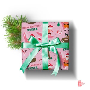 Papier cadeau de Noël tropical rose | Nom personnalisé sur les cadeaux | Cadeaux de Noël personnalisés | Papier cadeau personnalisé | Vacances tropicales