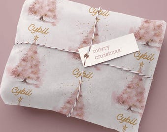 Personalized Pink Christmas Tree Wrapping Paper with Name | Chic Customizable Gift Wrap