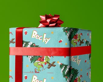 Personalized Grinch Christmas Wrapping Paper, Custom Blue Gift Wrap for Kids with Name