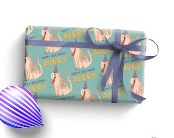 Birthday Whiskers Personalized Gift Wrap, Custom Name Birthday Cat Wrapping Paper for Kids