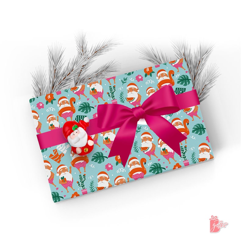 Scenes of shirtless Santa enjoying a slice of juicy watermelon, floating in a pink flamingo inflatable tube, & spreading Christmas cheer with cute gifts wrapped in red. Surrounded by tropical plant & flower illustrations on blue. Add any Custom Name
