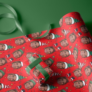 Your Face with Elf Cap Gift Wrap, Funny Custom Photo Christmas, Best Xmas Gift Bags, Red Gift Wrap Paper Roll 24" W