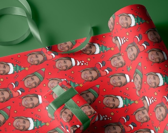 Your Face with Elf Cap Gift Wrap, Funny Custom Photo Christmas, Best Xmas Gift Bags, Red Gift Wrap Paper Roll 24" W
