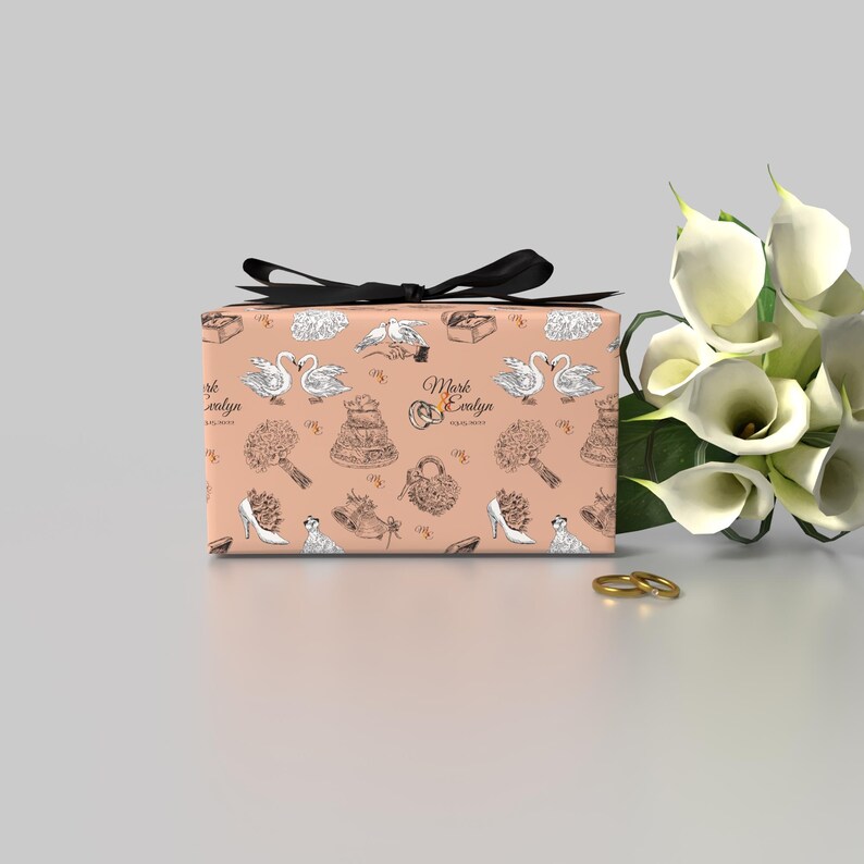 romantic roses wrapping paper, personalized wedding gift wrap, custom anniversary wrapping paper, striped background with roses, couple's names on wrapping paper, custom Valentine’s gift wrap, bridal shower gift wrap