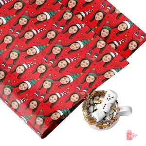 Crazy Elf Cap Your Face on Gift Wrap, Funny Custom Photo Christmas, Best Xmas Gift Bags, Red Gift Wrap Paper Roll 24" W