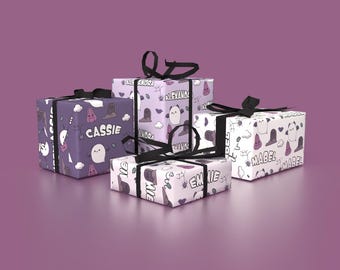 Gepersonaliseerde Halloween-cadeauverpakking | Inpakpapier met aangepaste naam voor meisjes | Schattige vleermuisgeesten en pompoenen | Roze en paars halloweenpapier