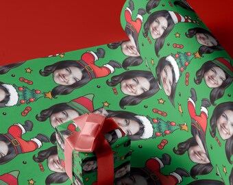 Elfie Faces Personalized Christmas Gift Wrap, Custom Photo Wrapping Paper with Santa Hats