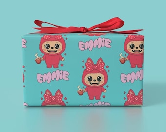 Papel de regalo personalizado para muñeca Bubu: Papel de regalo kawaii con nombre personalizado
