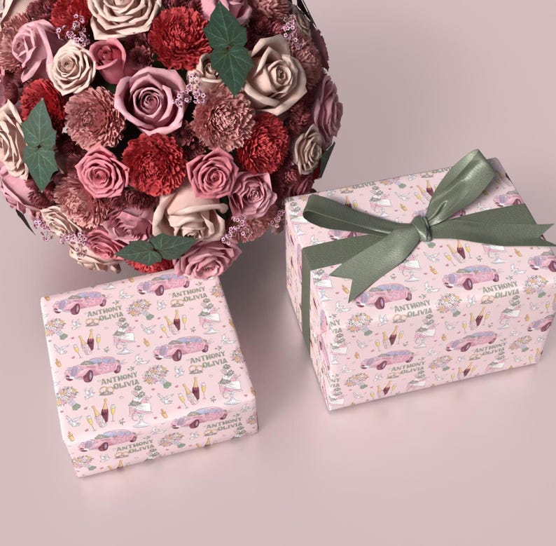 Personalized Wedding Celebration Gift Wrap - Customizable with Name and Elegant Design, Pink Rolls Roys, White Wedding Cake, Bridal Shower