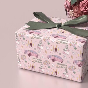Personalized Wedding Celebration Gift Wrap - Customizable with Name and Elegant Design, Pink Rolls Roys, White Wedding Cake, Bridal Shower